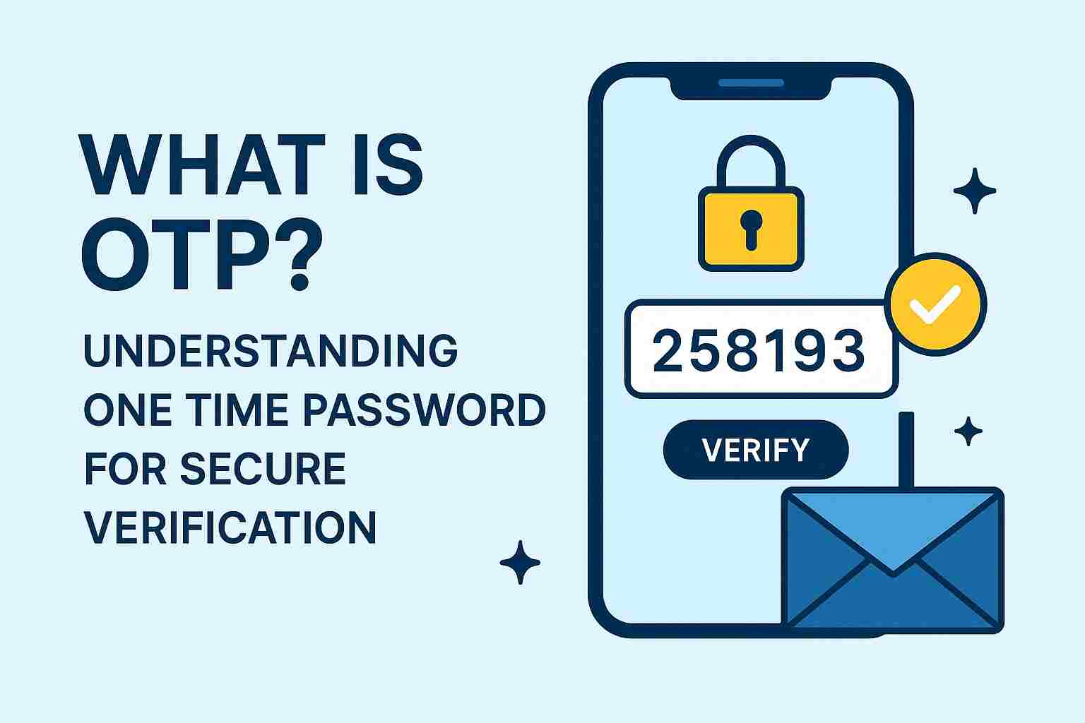 What is OTP? Understanding One Time Passwords for Secure Online Verification Illustration of a smartphone displaying a One Time Password (OTP) with a padlock icon, verify button, and envelope symbol, representing secure online verification and digital authentication.
